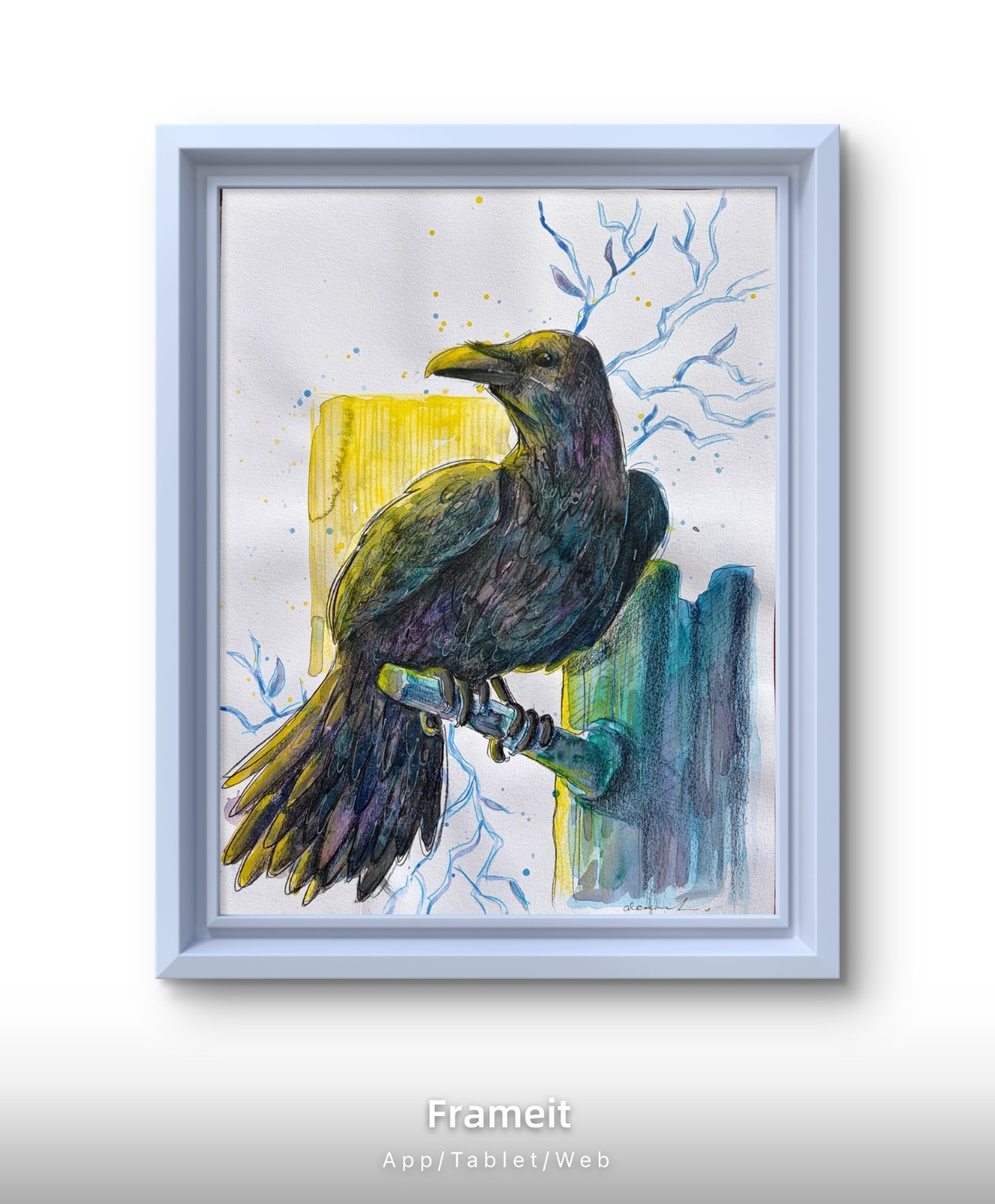 Raven Branches Painting By Alannah Dyer- Watercolor 9x12in Beautiful Trendy Bird