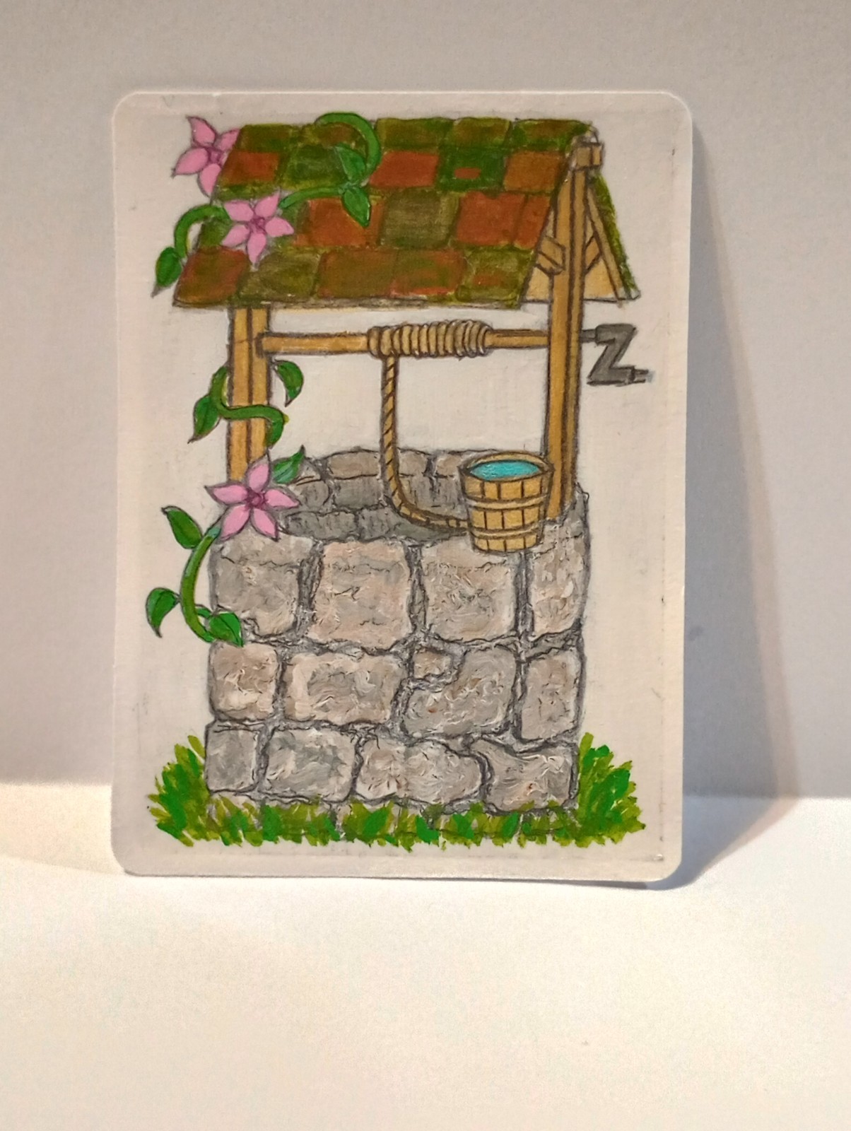 ACEO Original- Rustic Stone Wishing Well with Pink Flowers, Acrylic Mini Art