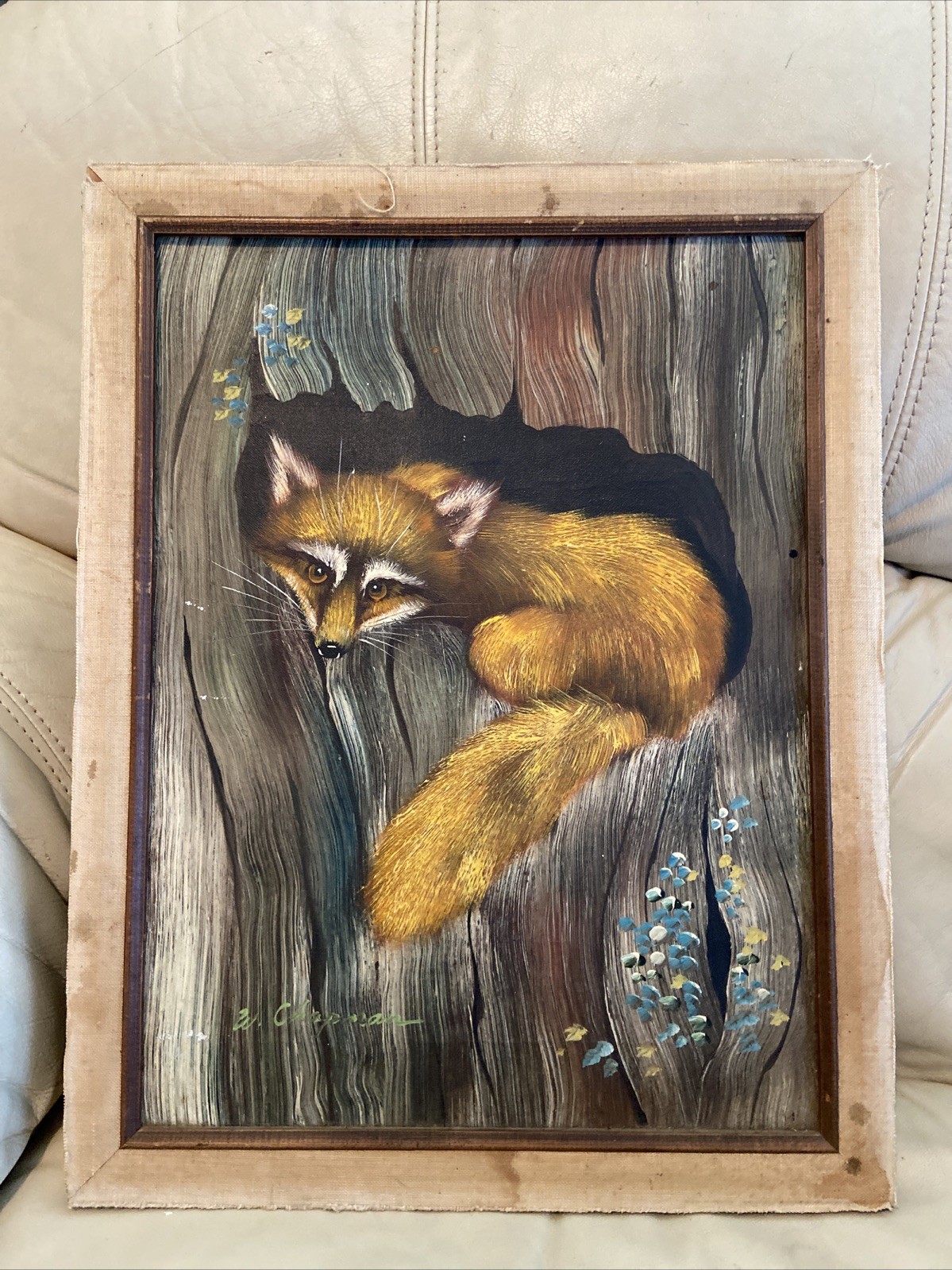 Vintage Fox Framed Oil Painting 18”x14” W. Chapman Original 1/1 Canvas