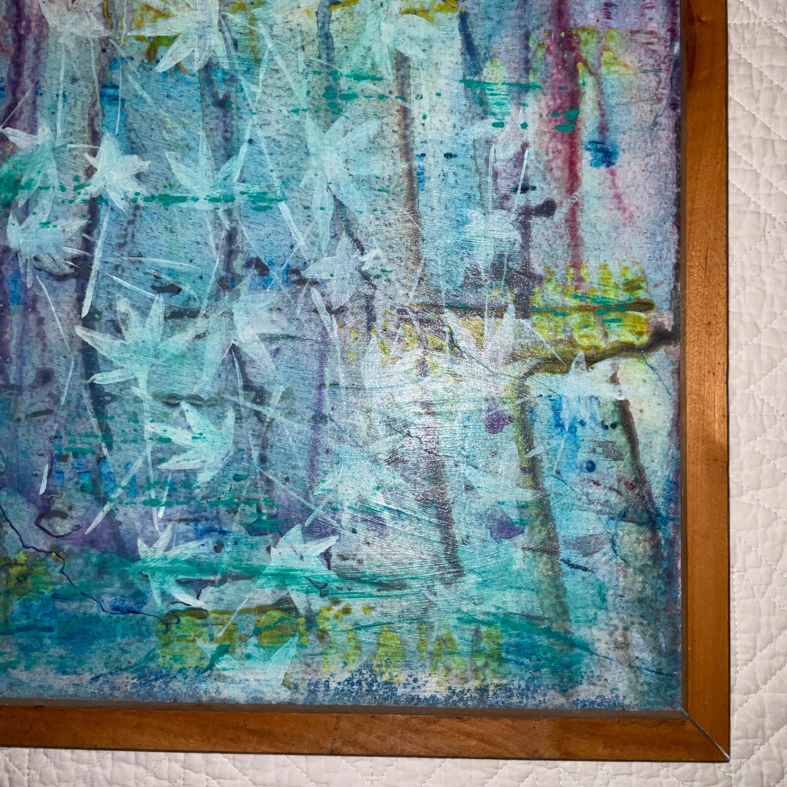 Abstract original hand painted PAINTING collage signed aqua blues falling leaves
