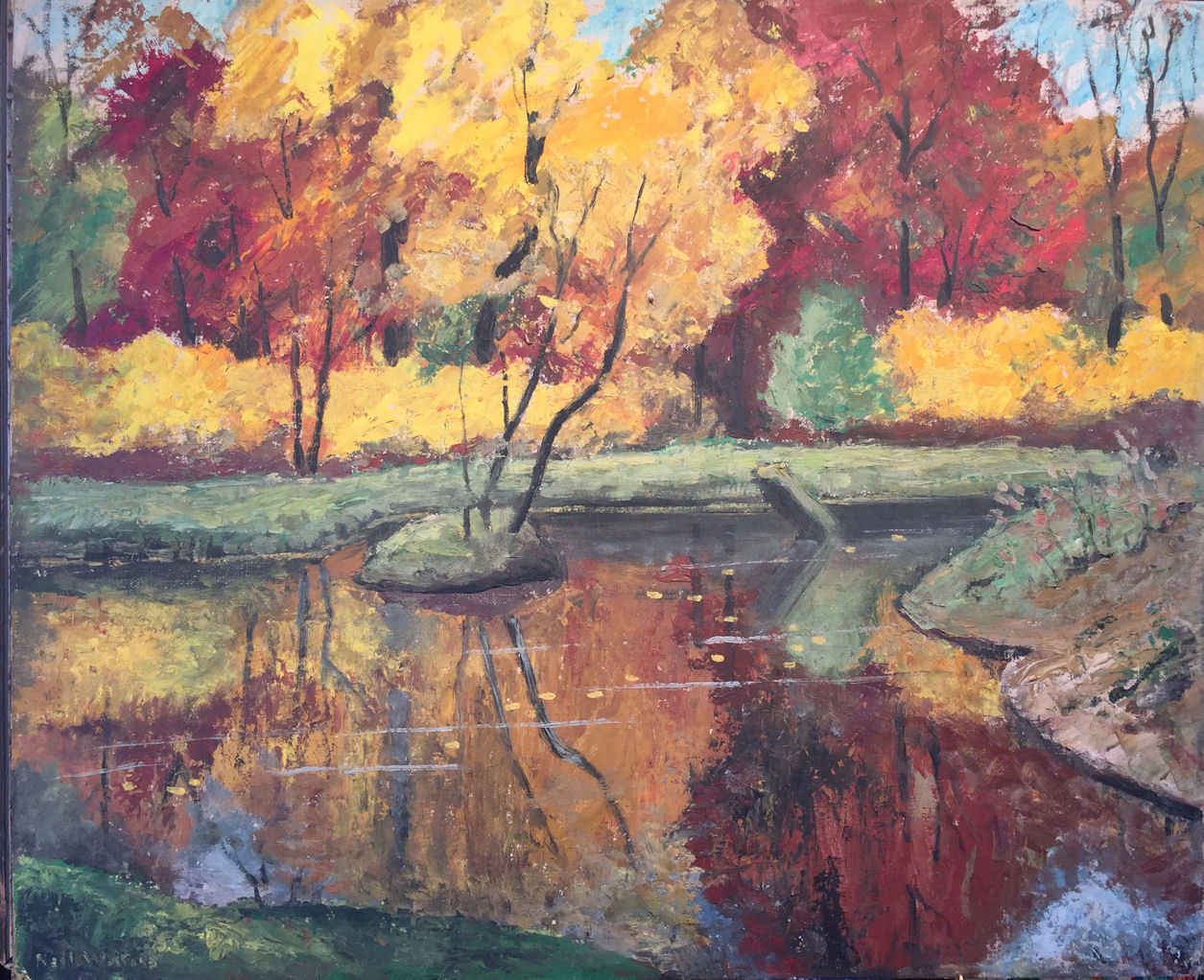 Original Landscape Painting Autumn in New York Trees Nell Witters Listed 20×24