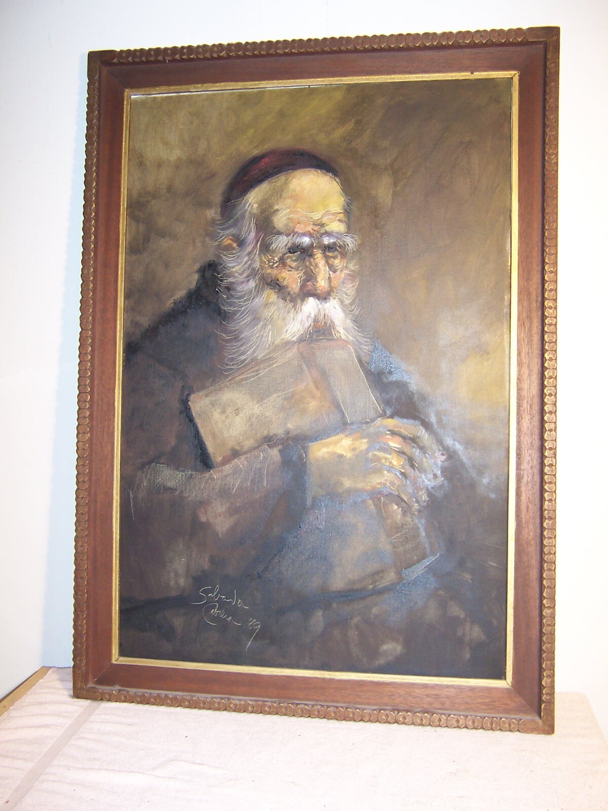 Vintage Oil Painting Jewish Rabbi Philipine Salvador Cabrera Carved Wood Frame
