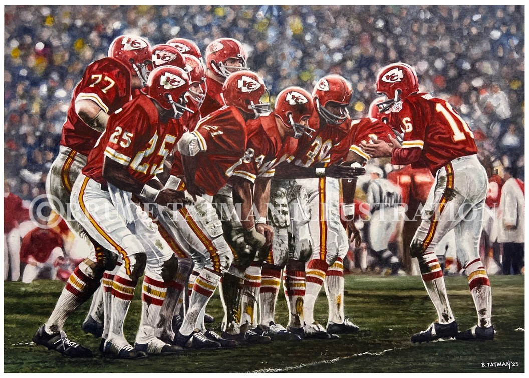 Original watercolor painting NFL 1970 Kansas City Chiefs Super Bowl IV Champions