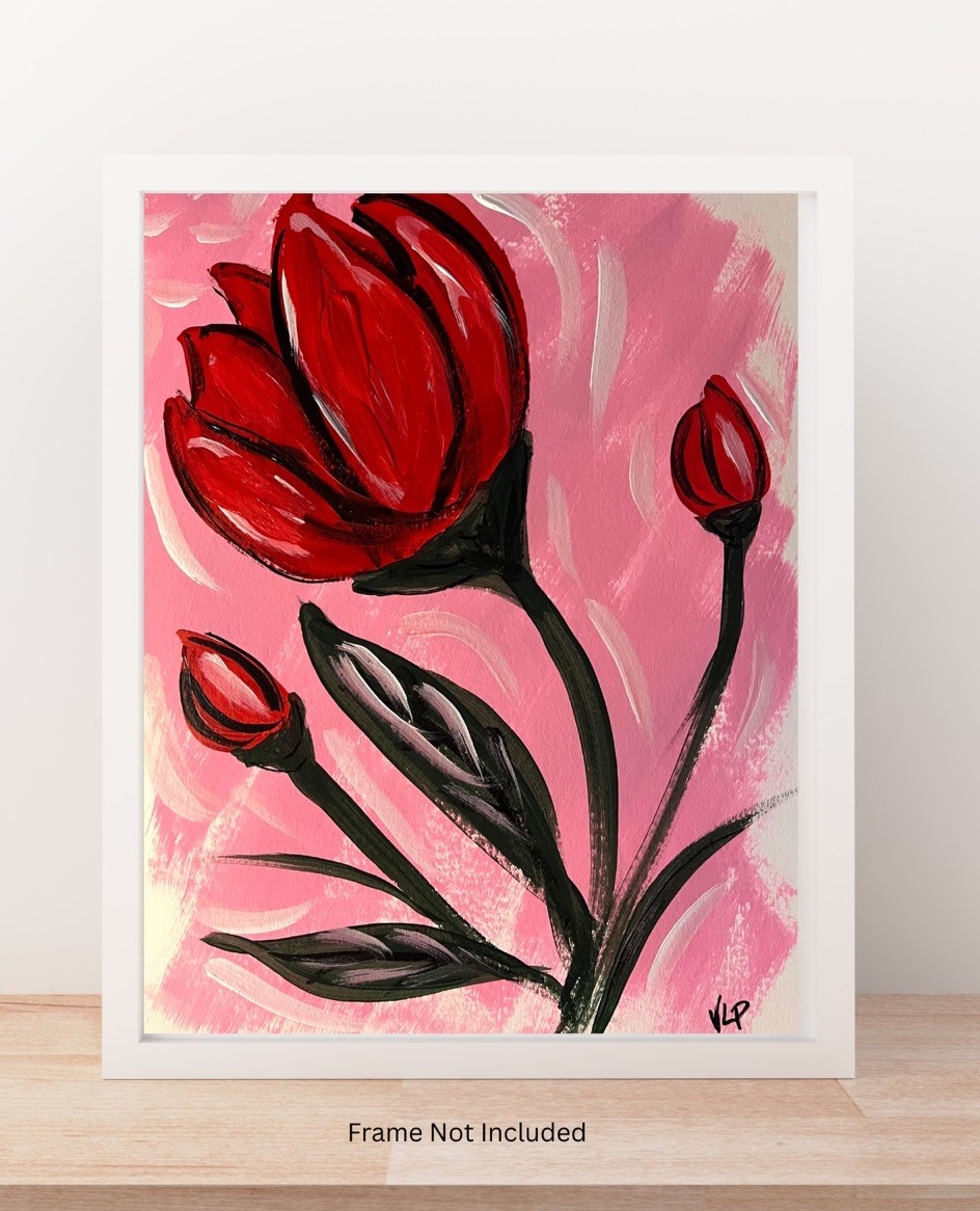 Original 9×12” Abstract Expressionist Red Flowers Pink Acrylic Paper VLP Art