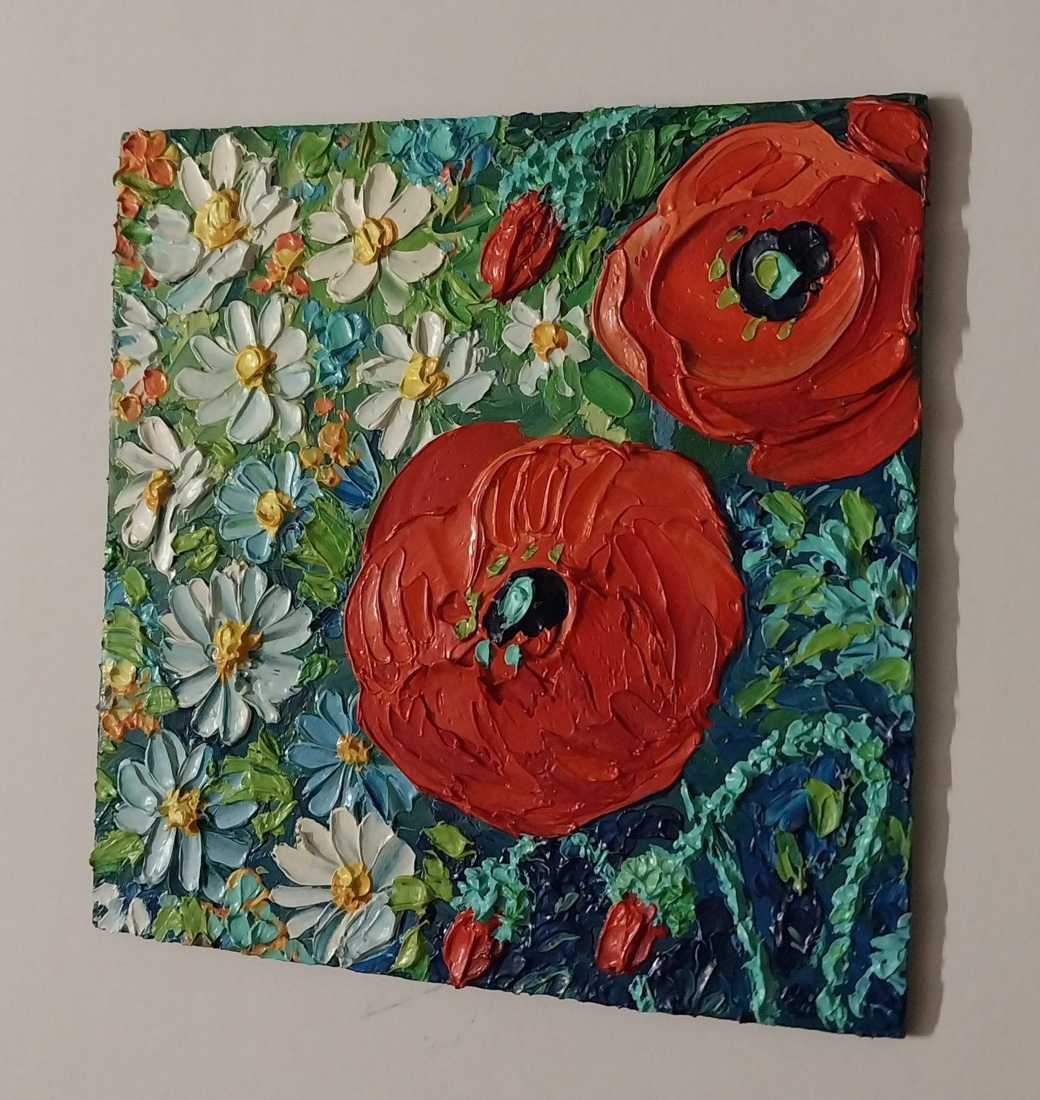 Framed Daisies Red Poppies Summer Wildflowers 5×5” Impasto Oil Painting Original