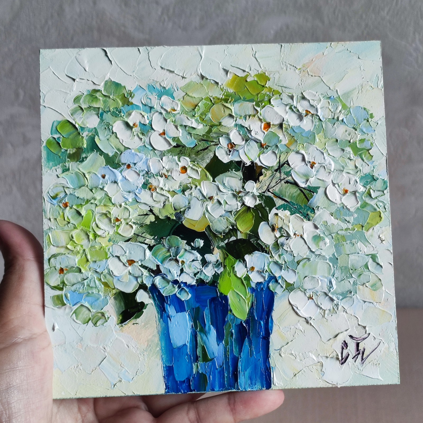 original oil painting Hydrangea white flowers artwork Floral wall art 6*6 in