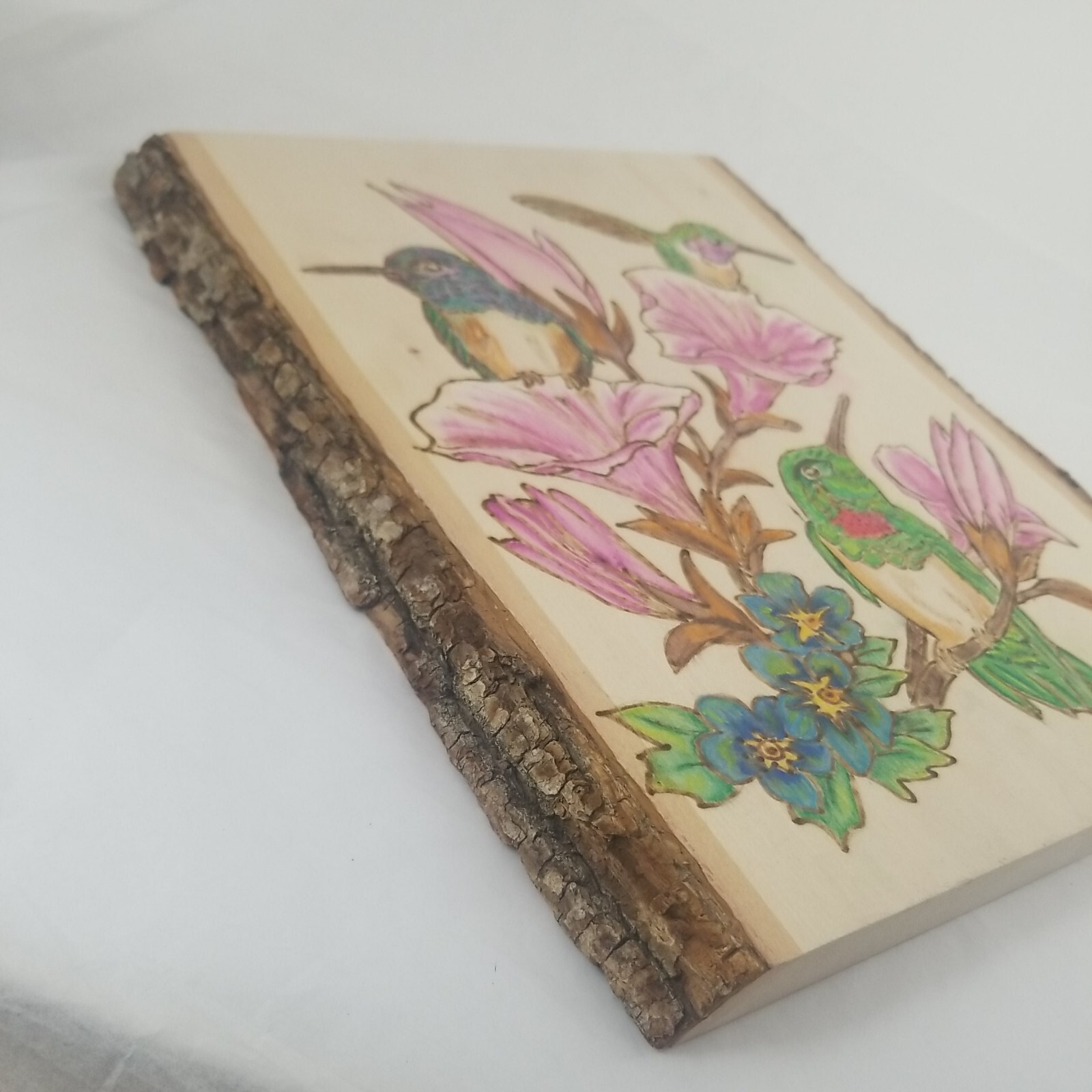 Hummingbirds w/ Pink Flowers on Wood Plank Wood Burning Folk Signed Joi 12″x10″