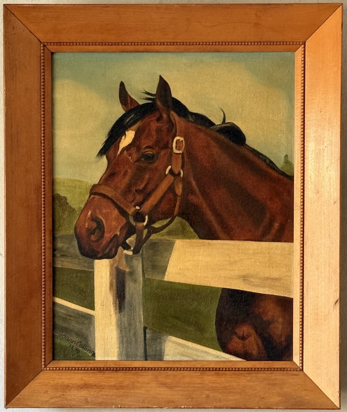 JOANN COLLING ANTIQUE EQUESTRIAN HORSE OIL PAINTING OLD VINTAGE WESTERN 1948