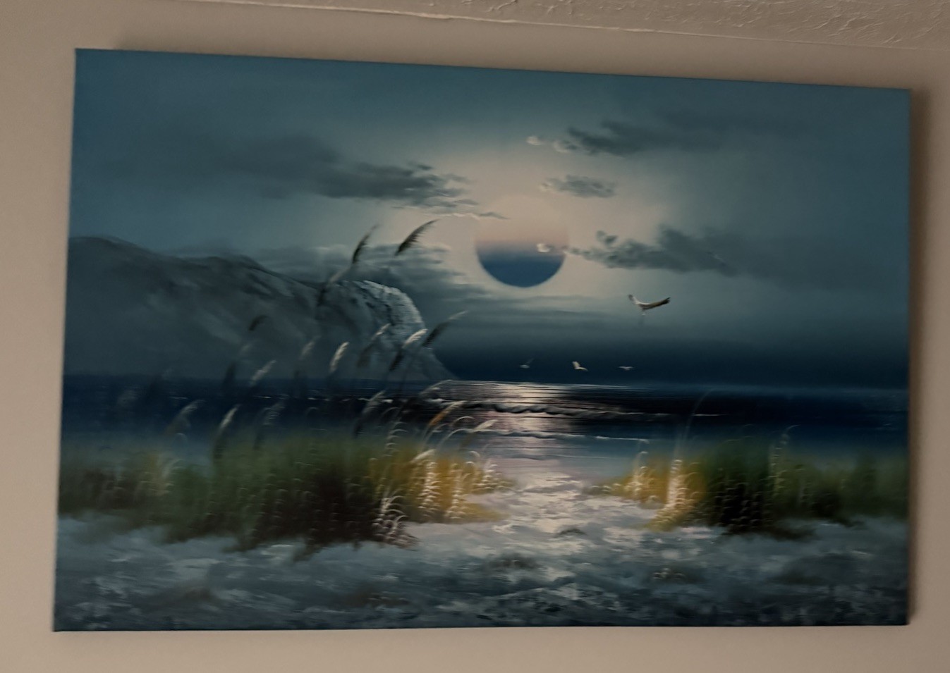 Coastal Beach Moon Night Waves M. Harry Serenity Unframed 36”x23”