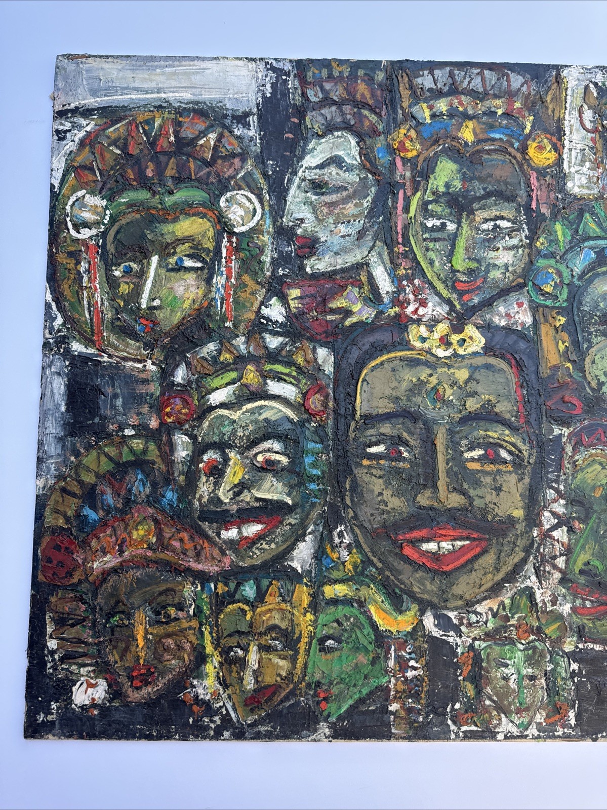 MID CENTURY PAINTING PORTRAIT ABSTRACT MODERNIST FACES HEADS ASIA INDIA MYSTERY