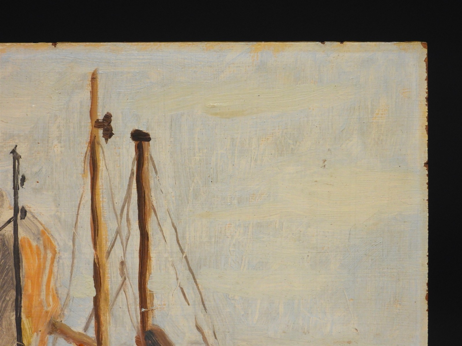 C.1920’s Scandinavian Impressionist Plein Air Sailboat at Dock Oil Painting
