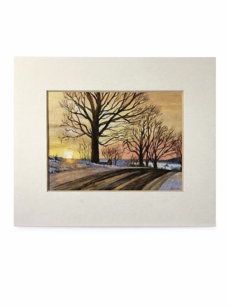 Winter Landscape Watercolor Painting Illegible Signature Matted 10×8 Sunset