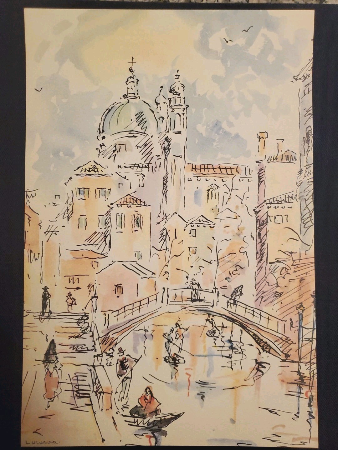 Venice watercolor print by Antonio Lucarda 11.5 x 8 inches circa 1950s