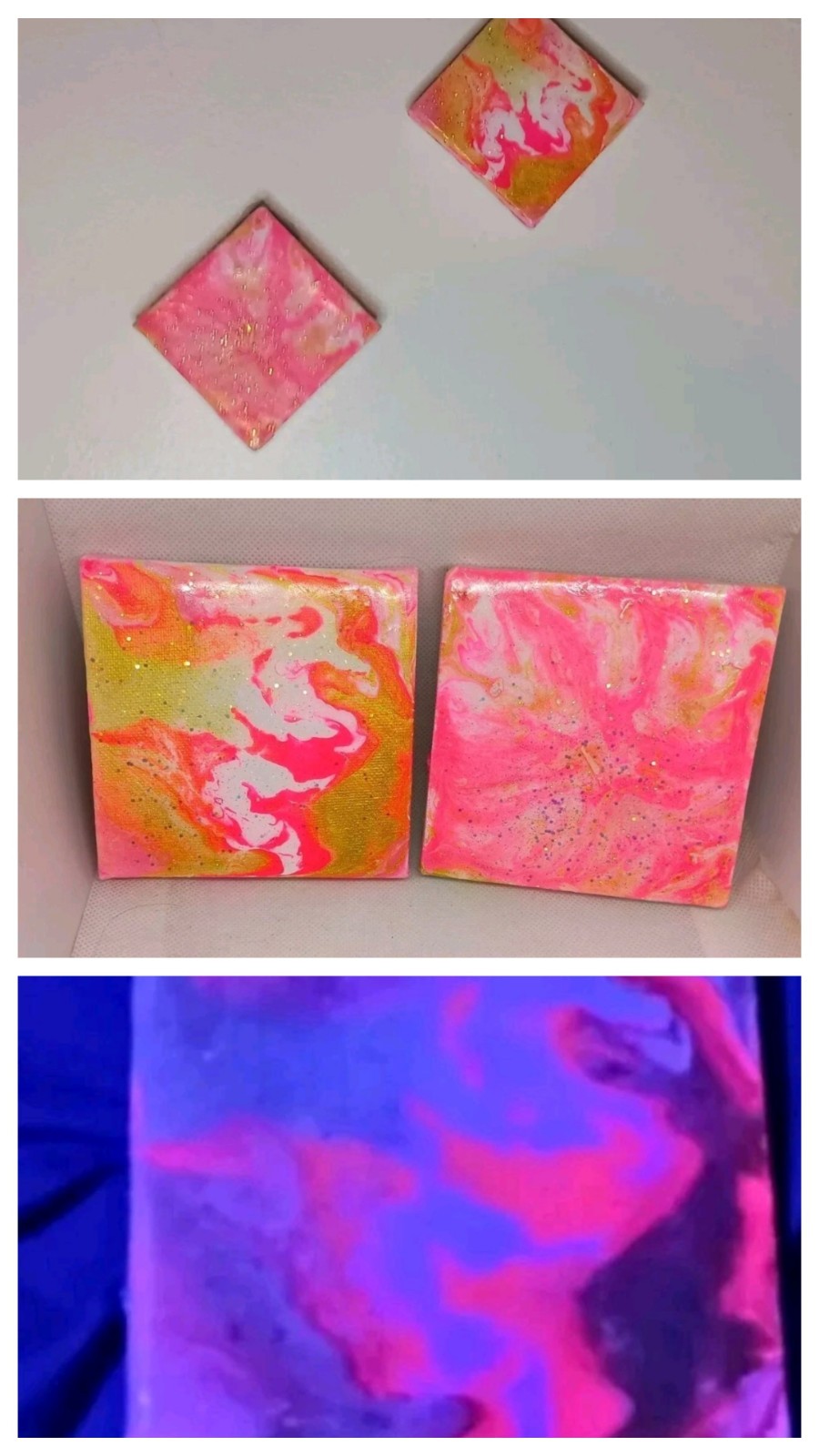 2 4×4 Pink, Gold, And White Blacklight Paint Pour Over Canvas Sealed With Epoxy