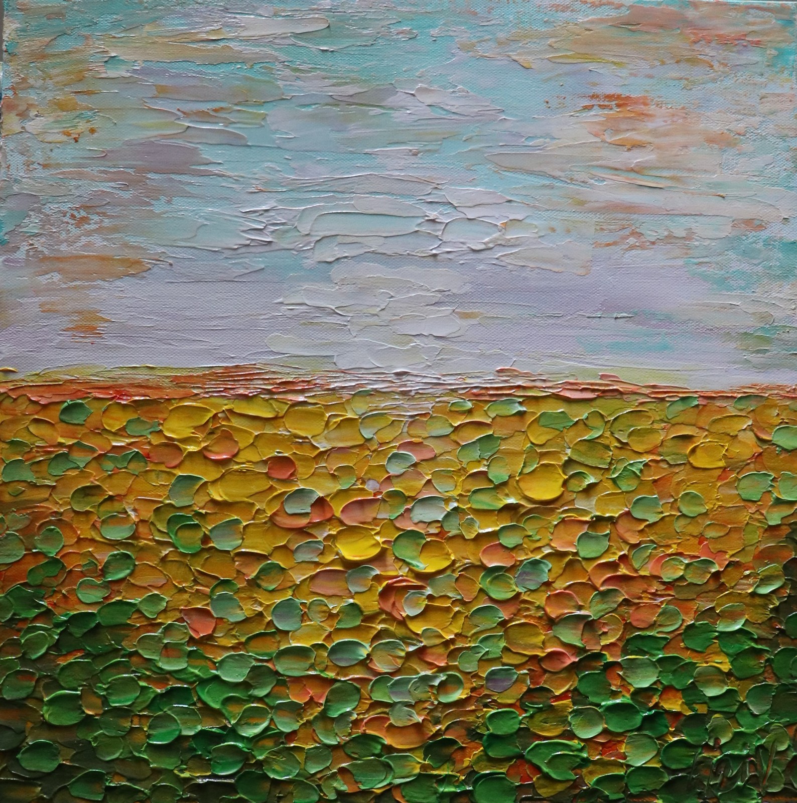 Abstract Sunflower Landscape Sunset Orange Green Yellow Original 16×16 Painting