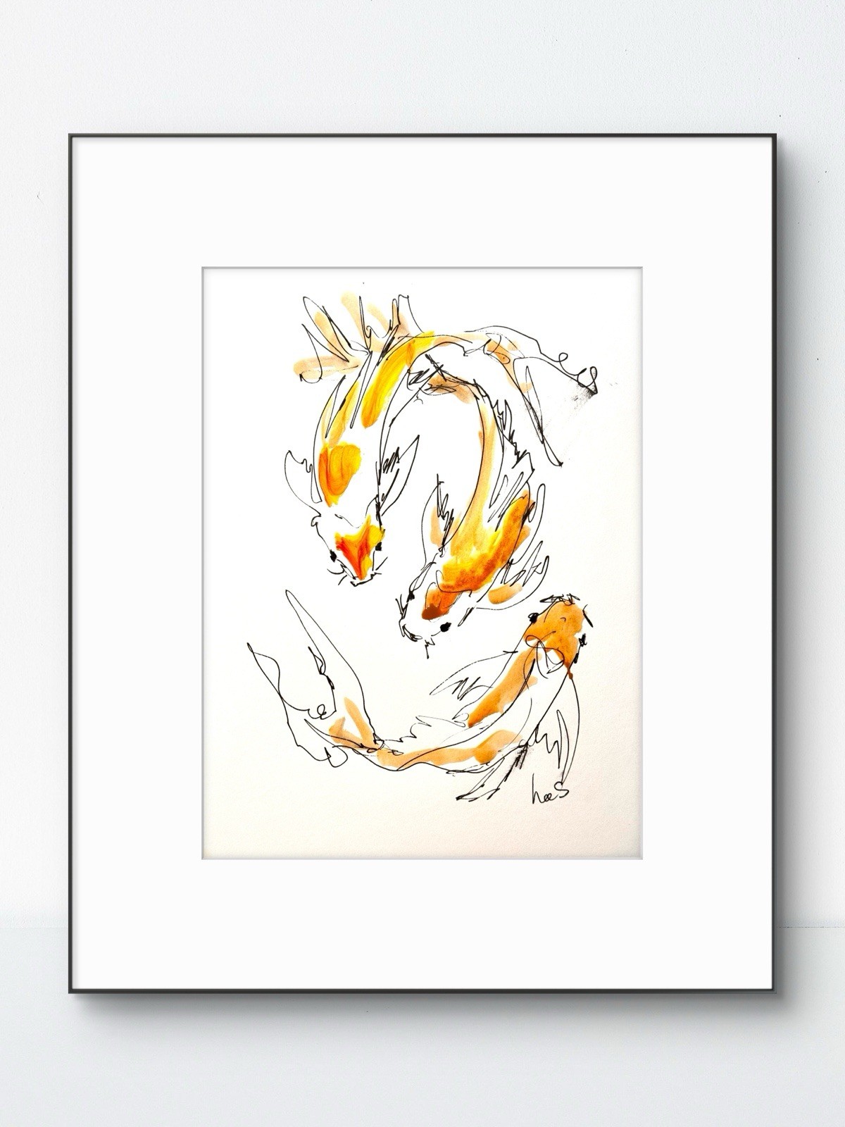 Original Abstract 9×12 3 Koi Paper Ink Handmade Signed Fine Wall Art Decor 22