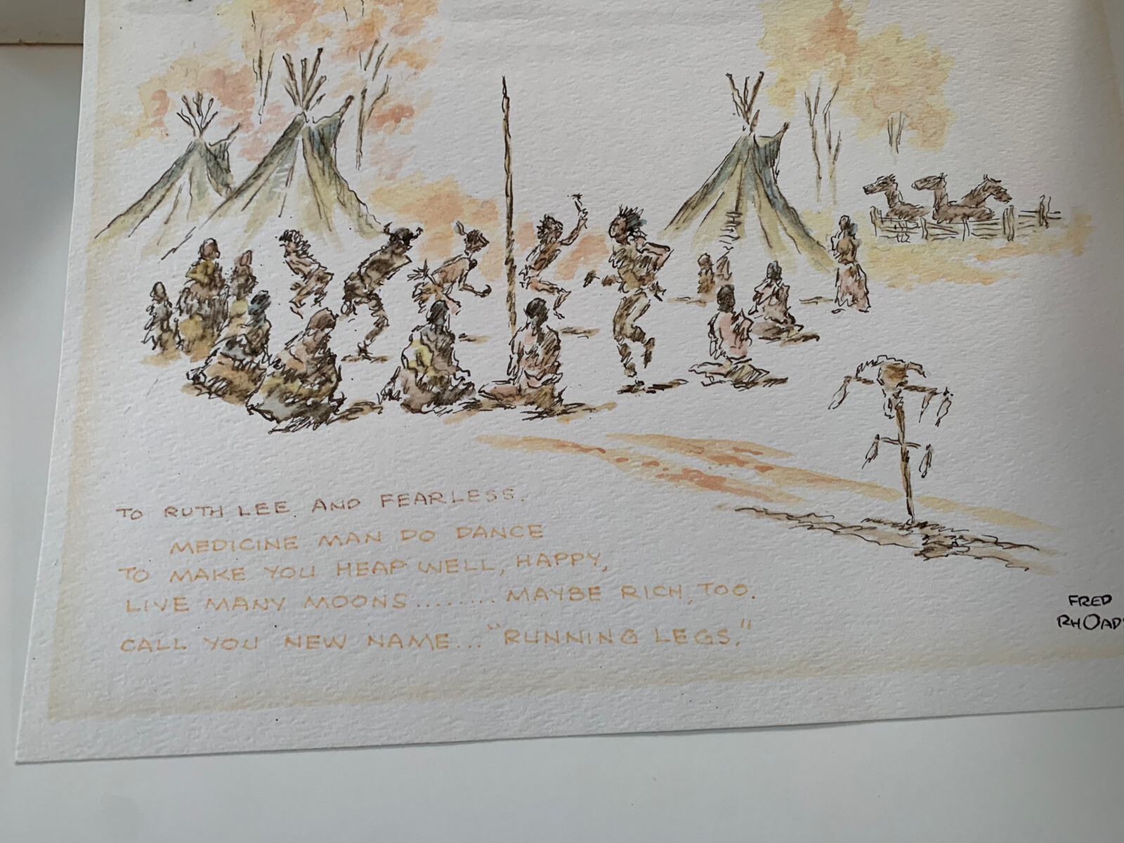 Fred Rhoads Cartoon Vtg Original Personalized Signed Native American Western