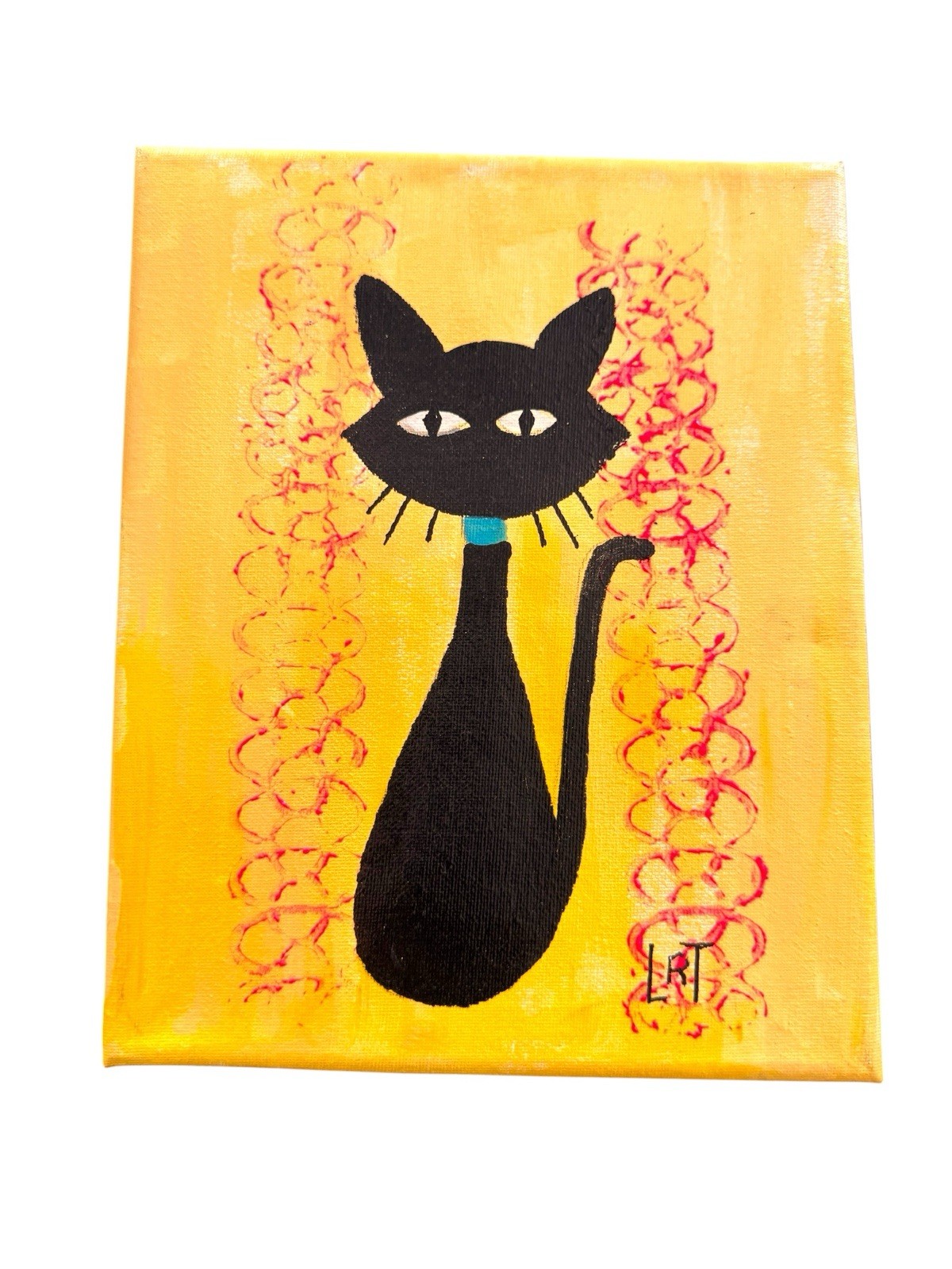 Black Cat Folk Art Oil Painting Palm Springs Mid Century Style Canvas 8×10