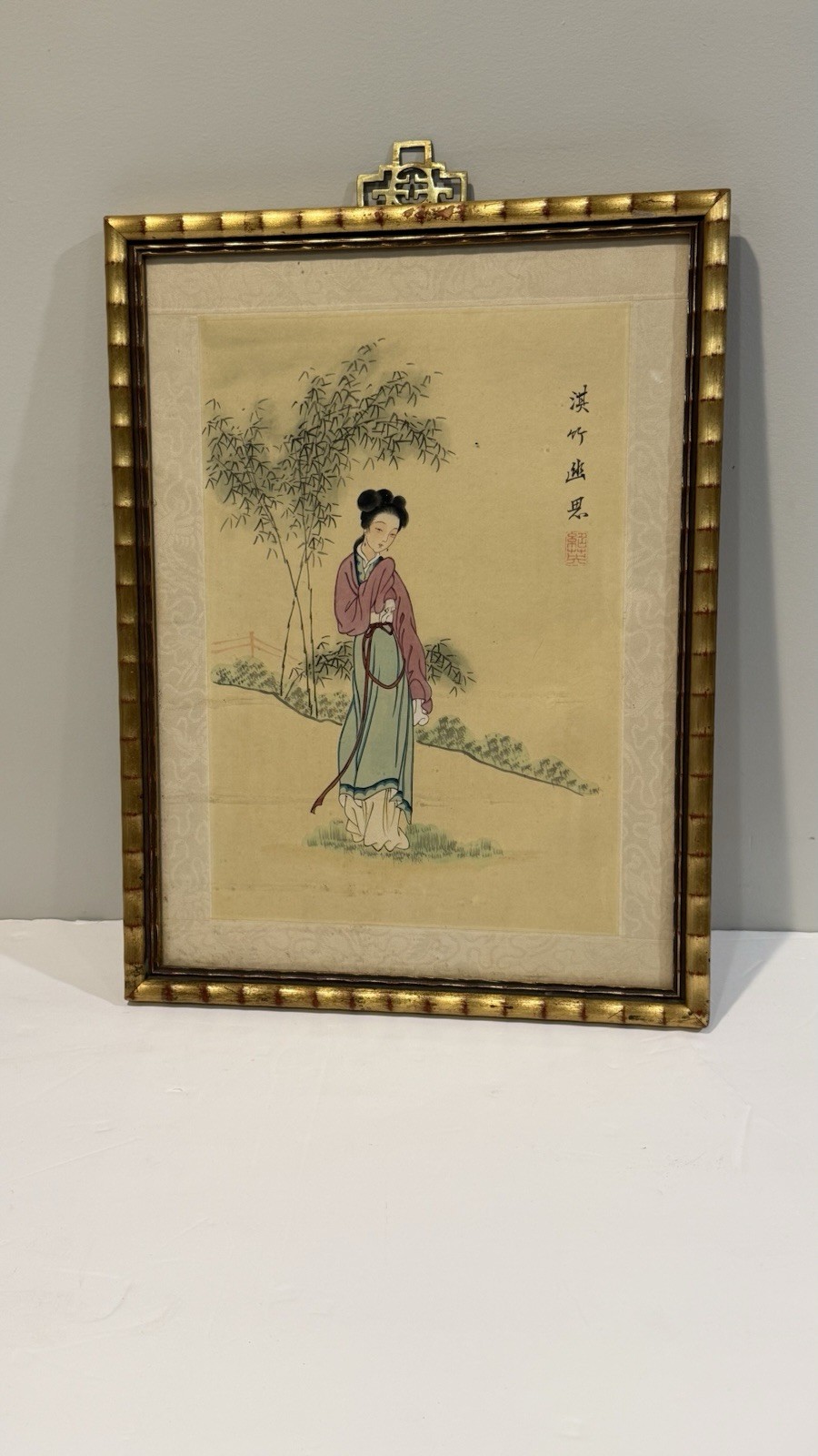 CHINESE GEISHA GIRL STANDING NEAR BAMBOO WATERCOLOR PAINTING SIGNED