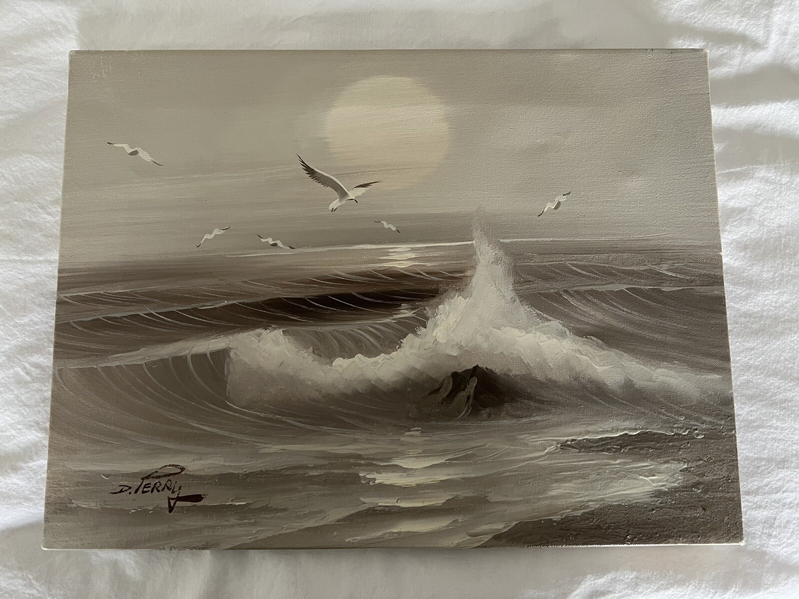 Vintage D Perry Oil Beach Sea Crashing Waves Sunset~ Unframed