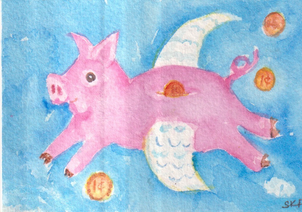 ACEO Pennies from Heaven Flying Pig Original Watercolor Painting Whimsical Fun
