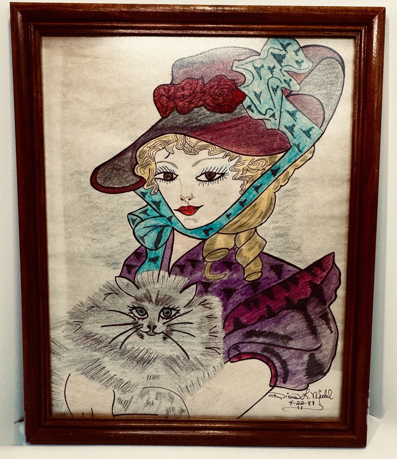 VTG Hand-Drawn Victorian Style Portrait Caricature Color Woman w/Cat Signed 1988