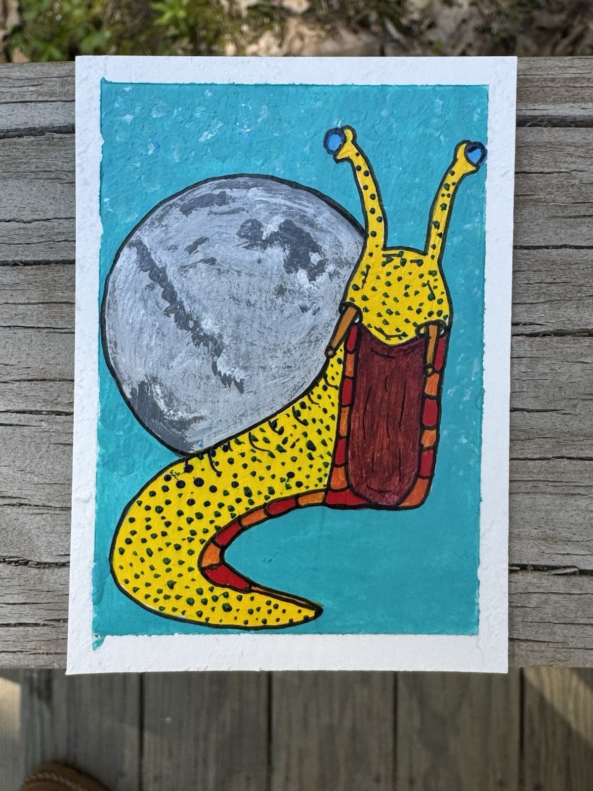 ACEO Original Actually Handmade Acrylic Cute Snail Planet Space Trading Art Card