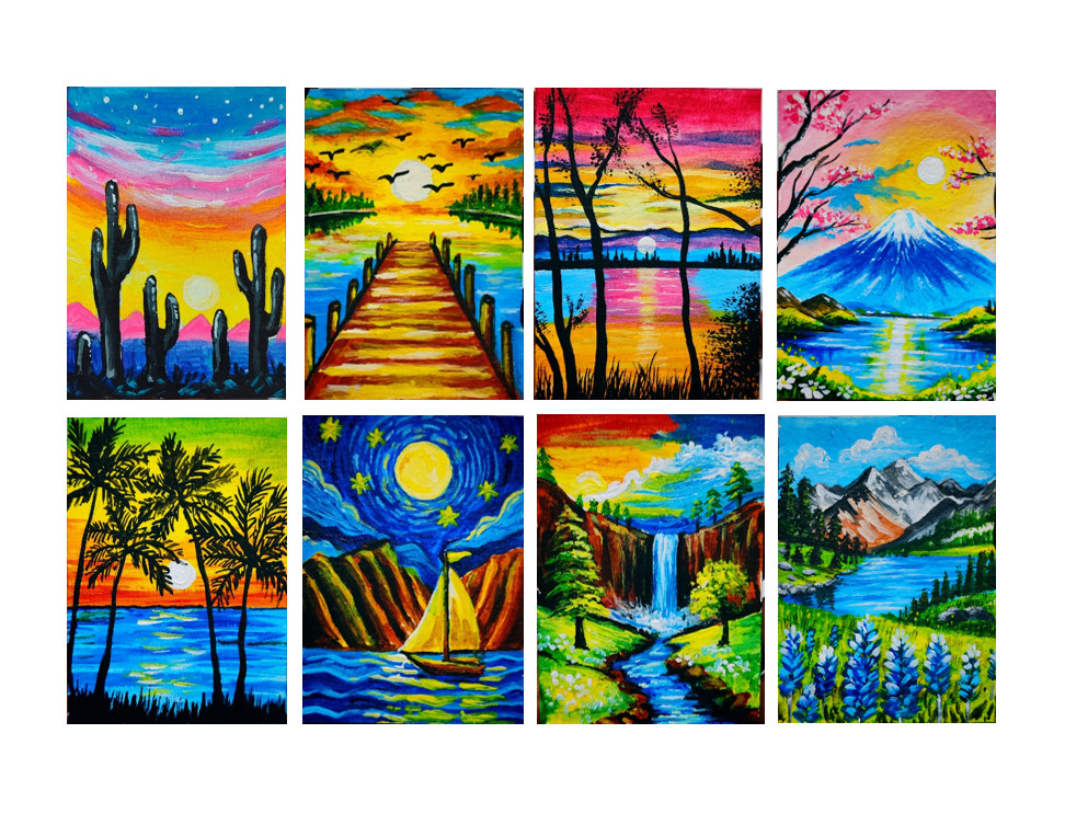 ACEO Original Landscape 8 pcs Art Card Acrylic 100% Hand Painting