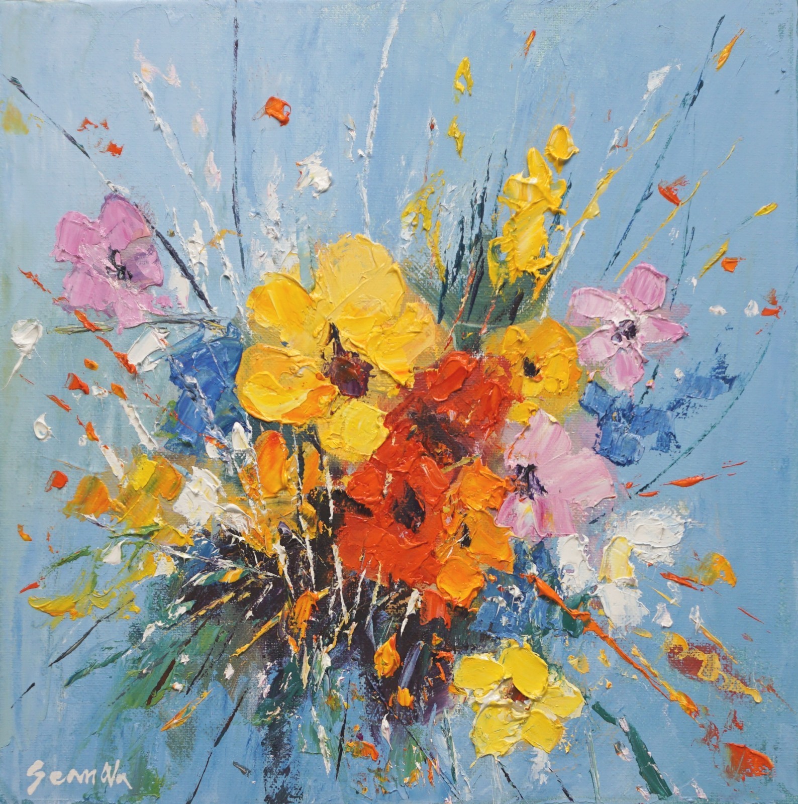 Sean Wu original oil painting, 12×12 on stretched canvas，flowers