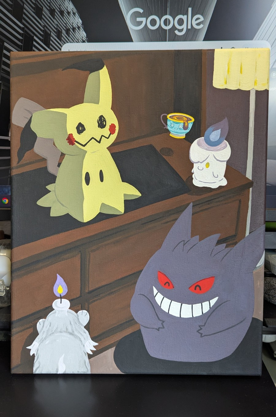 11in x 14in Unframed Canvas Acrylic Pokémon Painting – Mimikyu Gengar Litwick