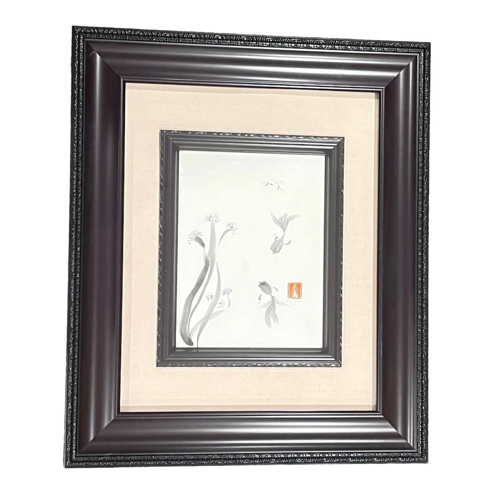 JM Kijima Signed Watercolor Painting Japanese Koi Fish Sea Life 22×26 Wood Frame