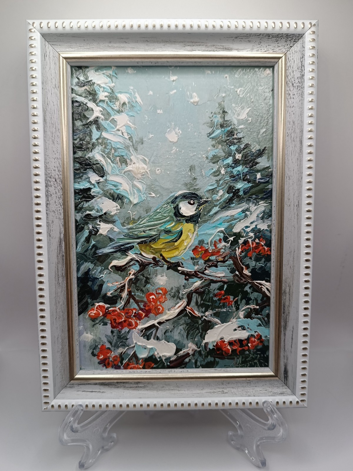 Winter Tit Original oil painting Impasto Signature Size 6*4 Winter landscape