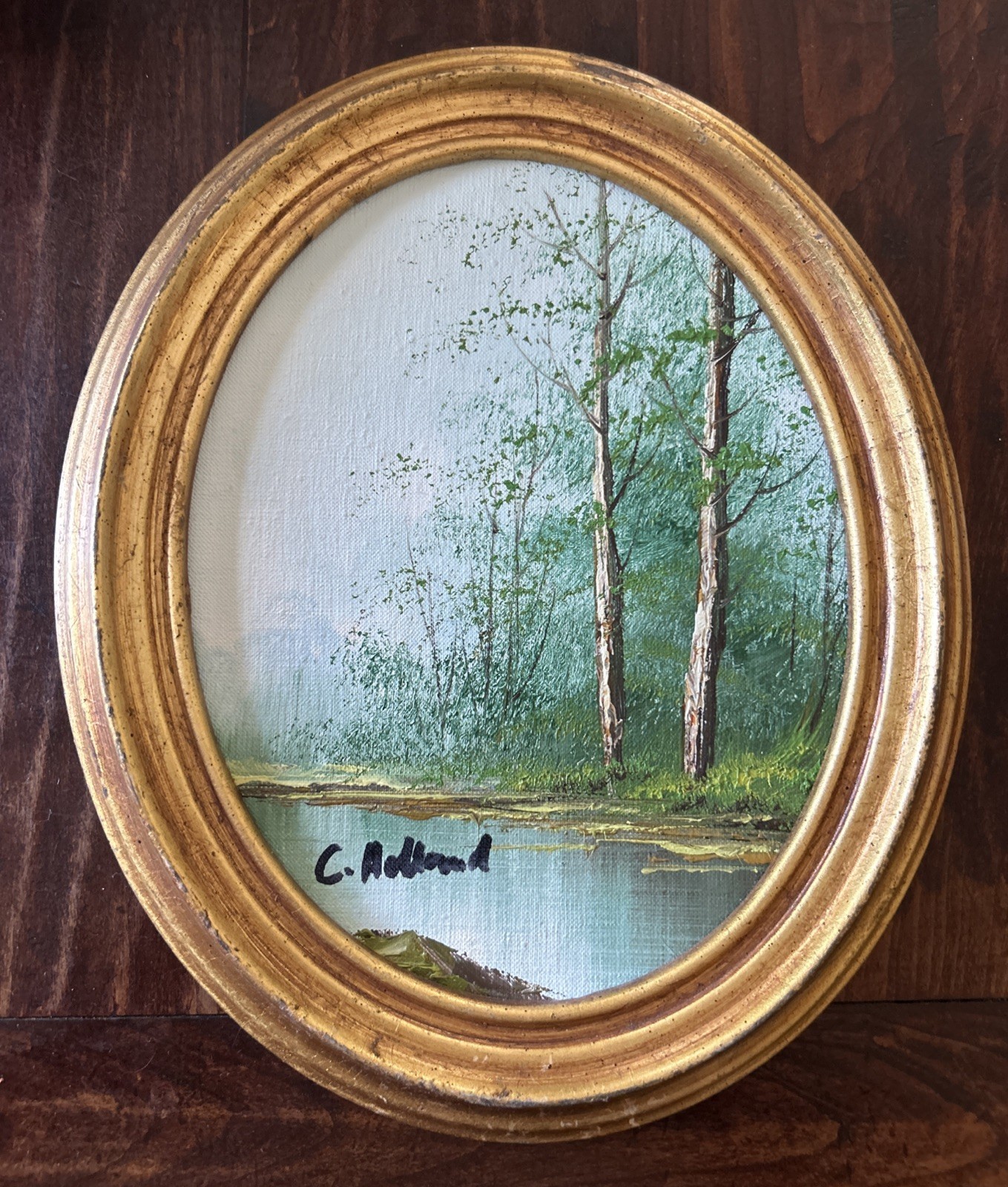 Vtg Original Oil Painting Framed Oval Landscape Trees & River Scene; C. Holland