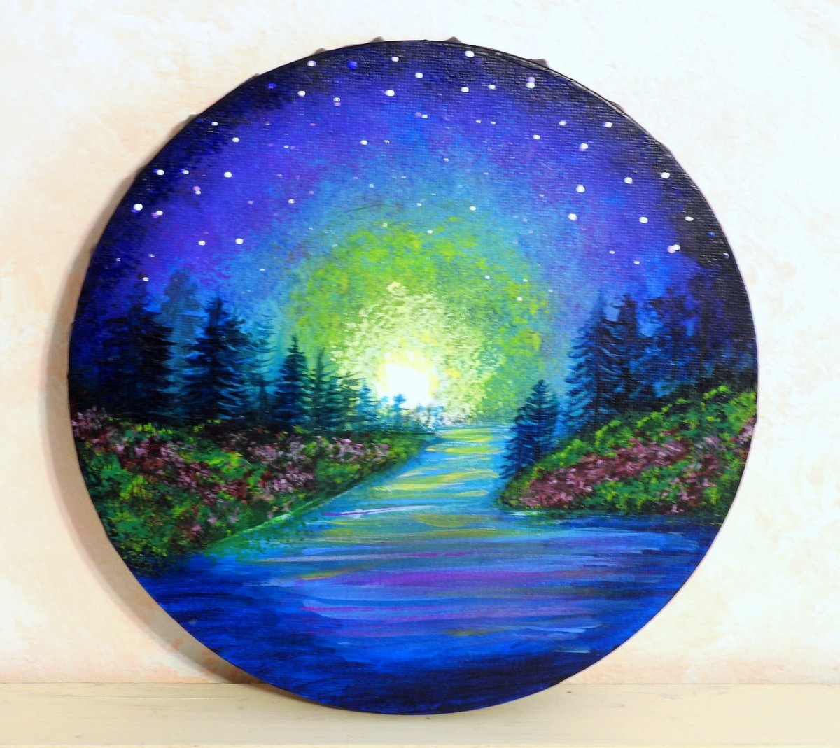 8 Inch Round Landscape Acrylic Painting Moon Light and Stars over Pines & River