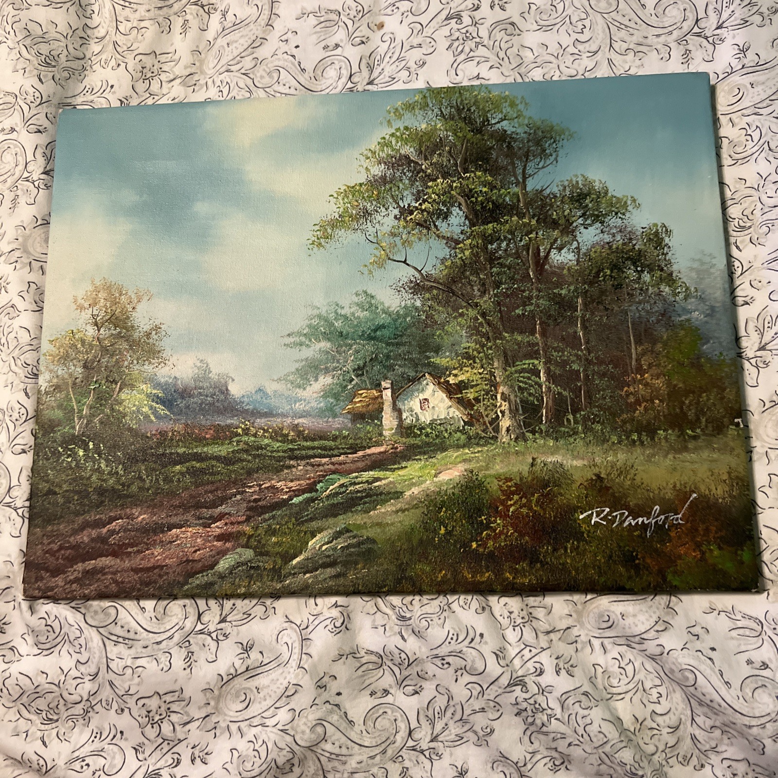 Vintage R. Danford Signed Original Oil on Canvas Unframed Country Cottage 16×12”