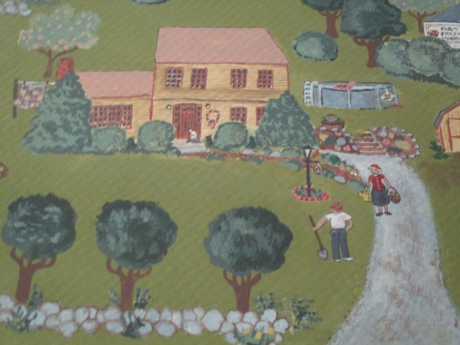 VINTAGE NAIVE PAINTING FOLK ART AMERICAN TOWN VIEW FARM COUNTRY STREET SCENES