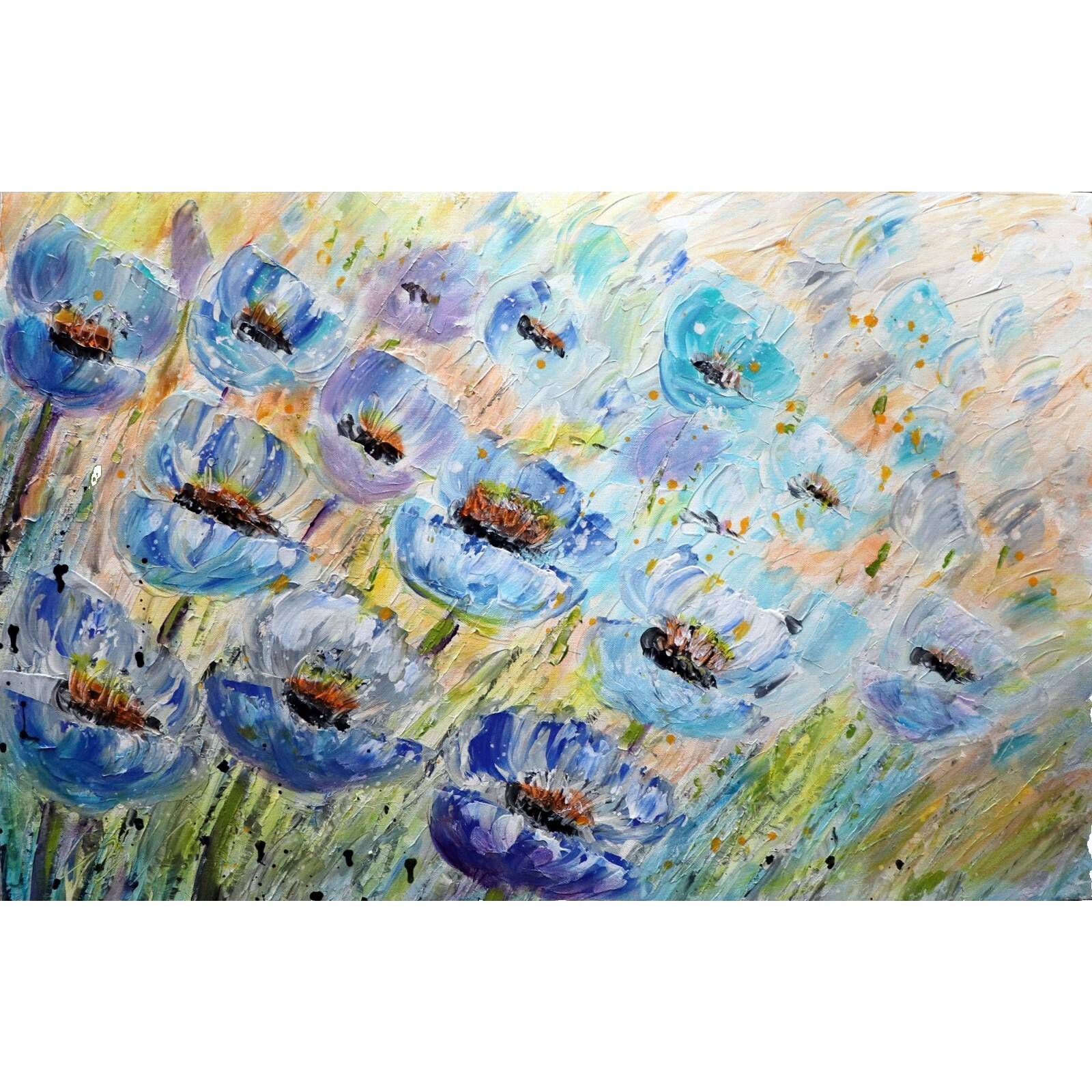 Blue Poppy Flowers Original Oil Painting 36×24 Large Floral Canvas Art