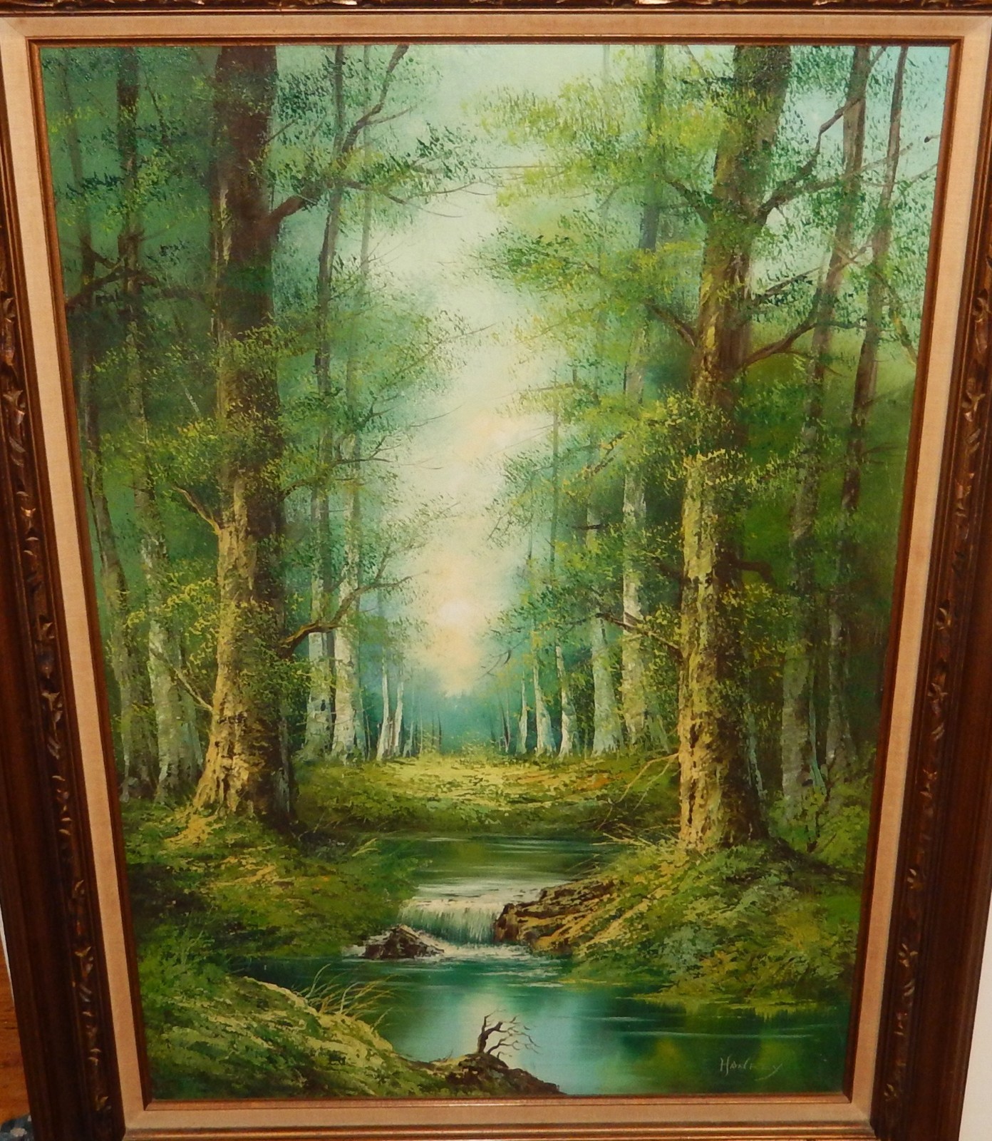 HANREY HUGE OIL ON CANVAS RIVER TREE LANDSCAPE PAINTING