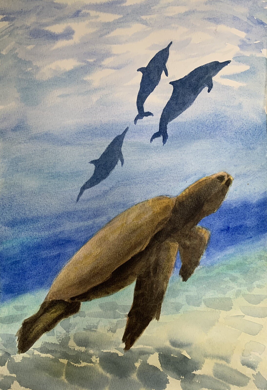 Original watercolor painting Sea Turtle Underwater undersea marine life artwork