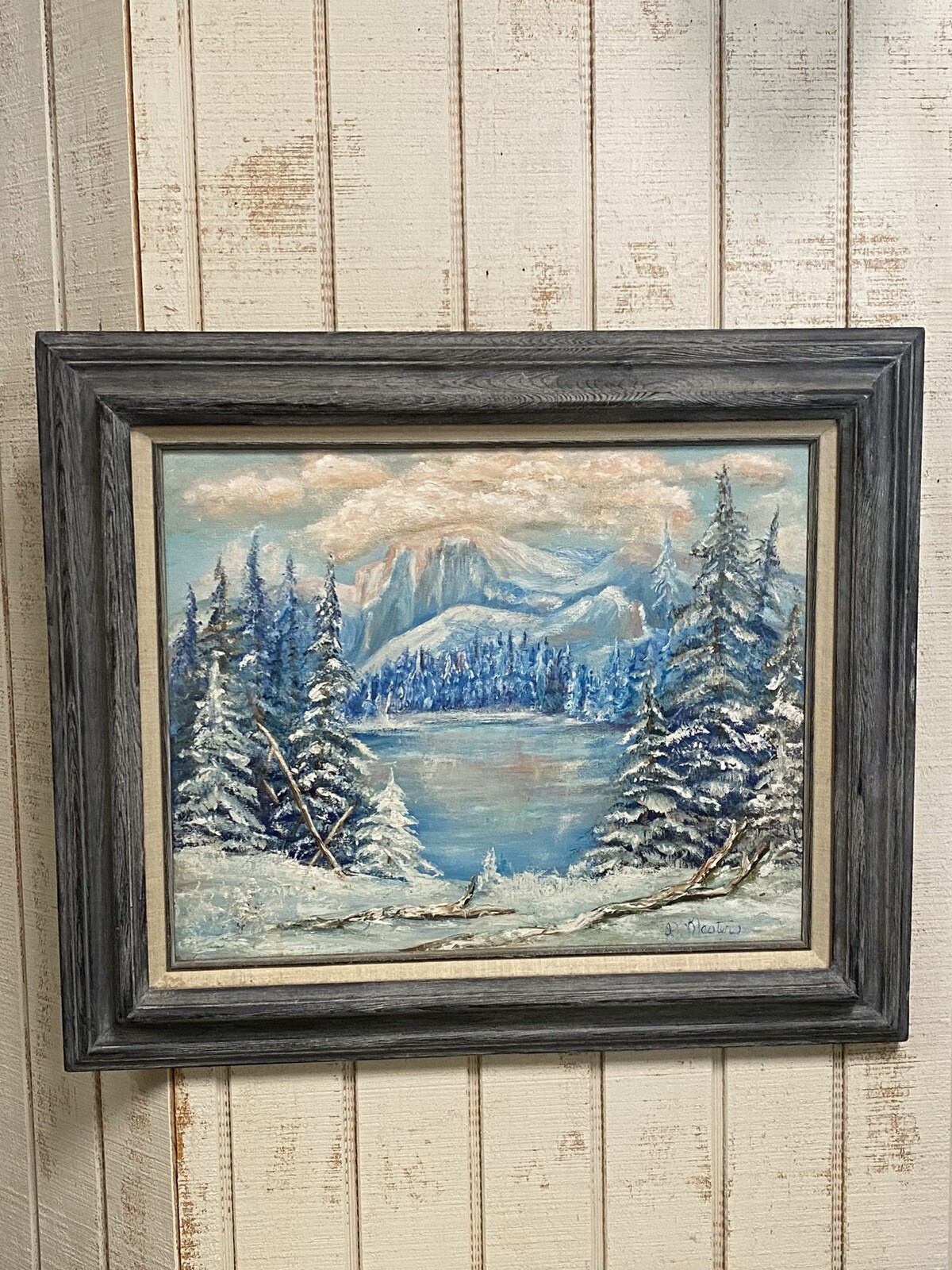 Beautiful Vtg Framed Canvas Oil Painting Blue Snow Mountains Landscape 26.5 X 23