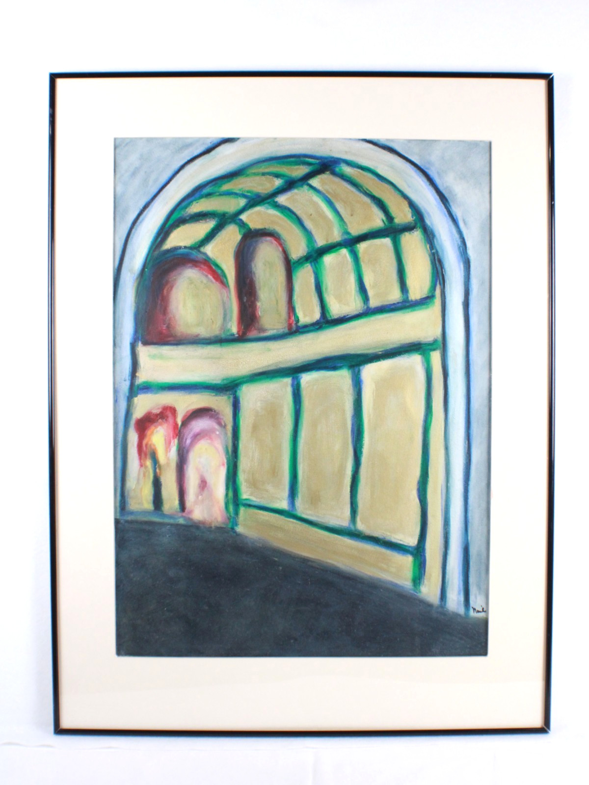 Mid Century Architectural Archway Dome Abstract Pastel Painting Signed Nail