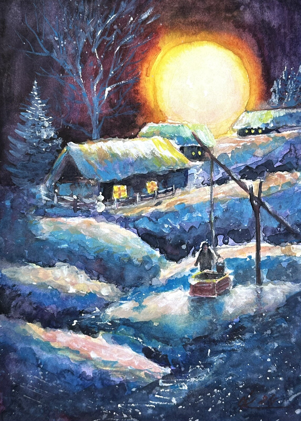Cozy Snowy Cabin Winter Moon in Village Watercolor Landscape Painting Wall art
