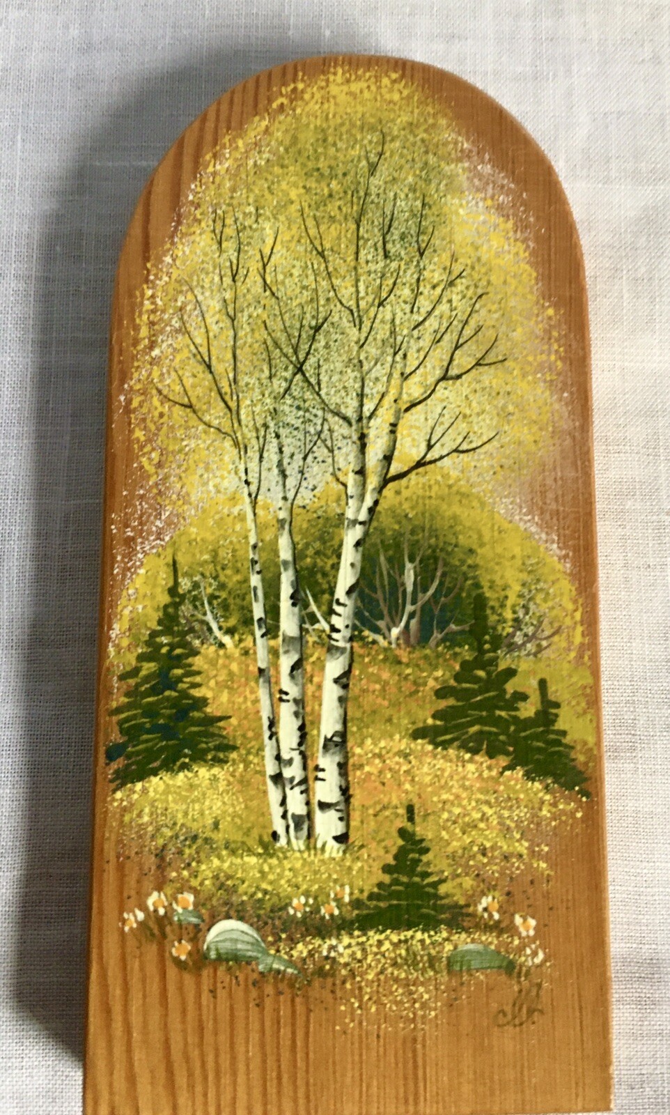 Hand painted field and forest scene with white birches, on wood