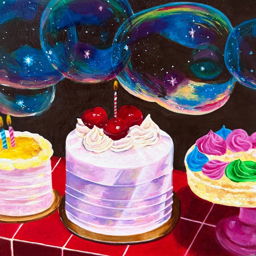 Birthday Cakes and Bubbles Original Acrylic Painting 12×12 on Wood Panel