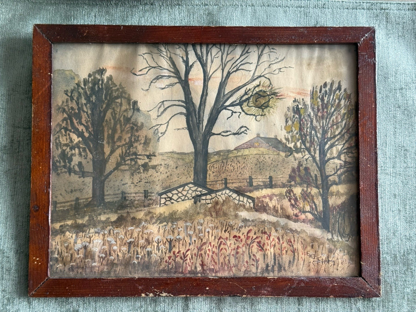 Antique Folk Art Watercolor Painting New Franklin Bridge Chambersburg Pa Penn