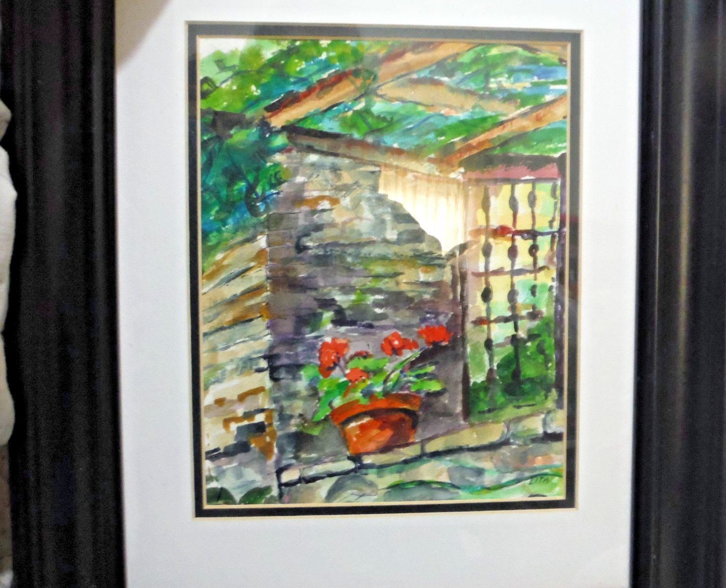 Geraniums at Grey Towers Watercolor Painting Signed Lita Domino Framed & Matted