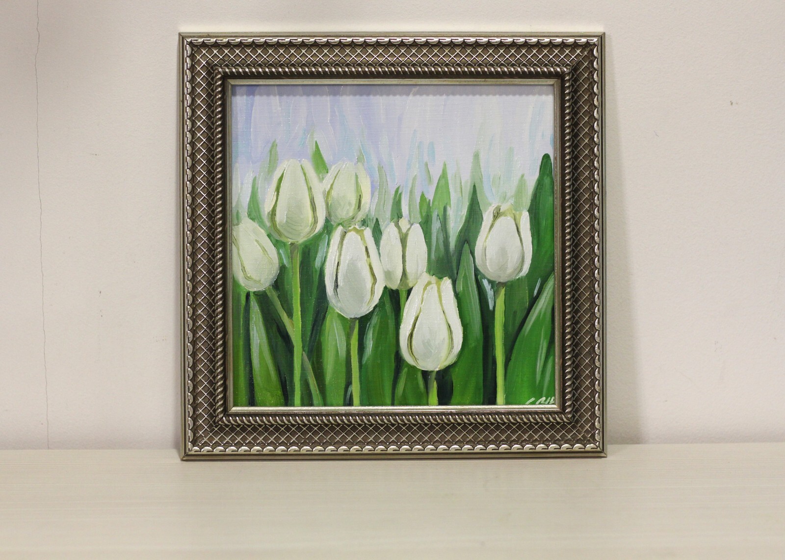 White Tulips Original Oil Painting 7×7 Spring Flowers Hand Painted Painting