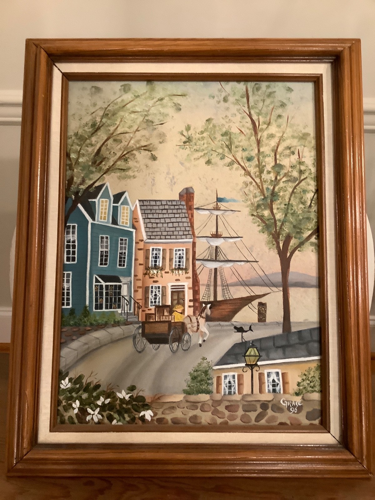 Original Vintage Oil Painting «Harbor Town» Folk Art Signed ‘96