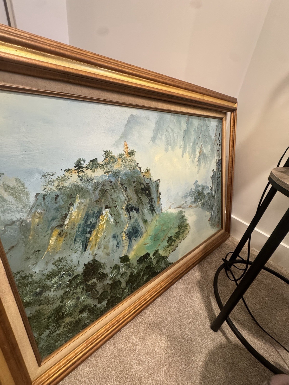 Vintage Asian Landscape Oil Painting Signed Framed Mountain Scene Chinese Style