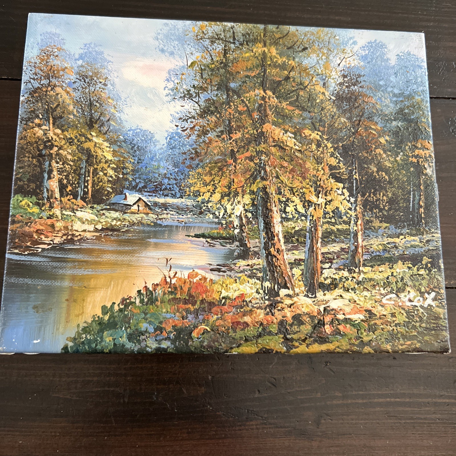 Vintage “Summer Stream” River Trees Mountain Sky Original Oil Painting By C Cox